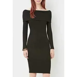 Fashionable Boat Neck Long Sleeve Bodycon Sweater Dress For Women - Black One Size(fit Size Xs To M)