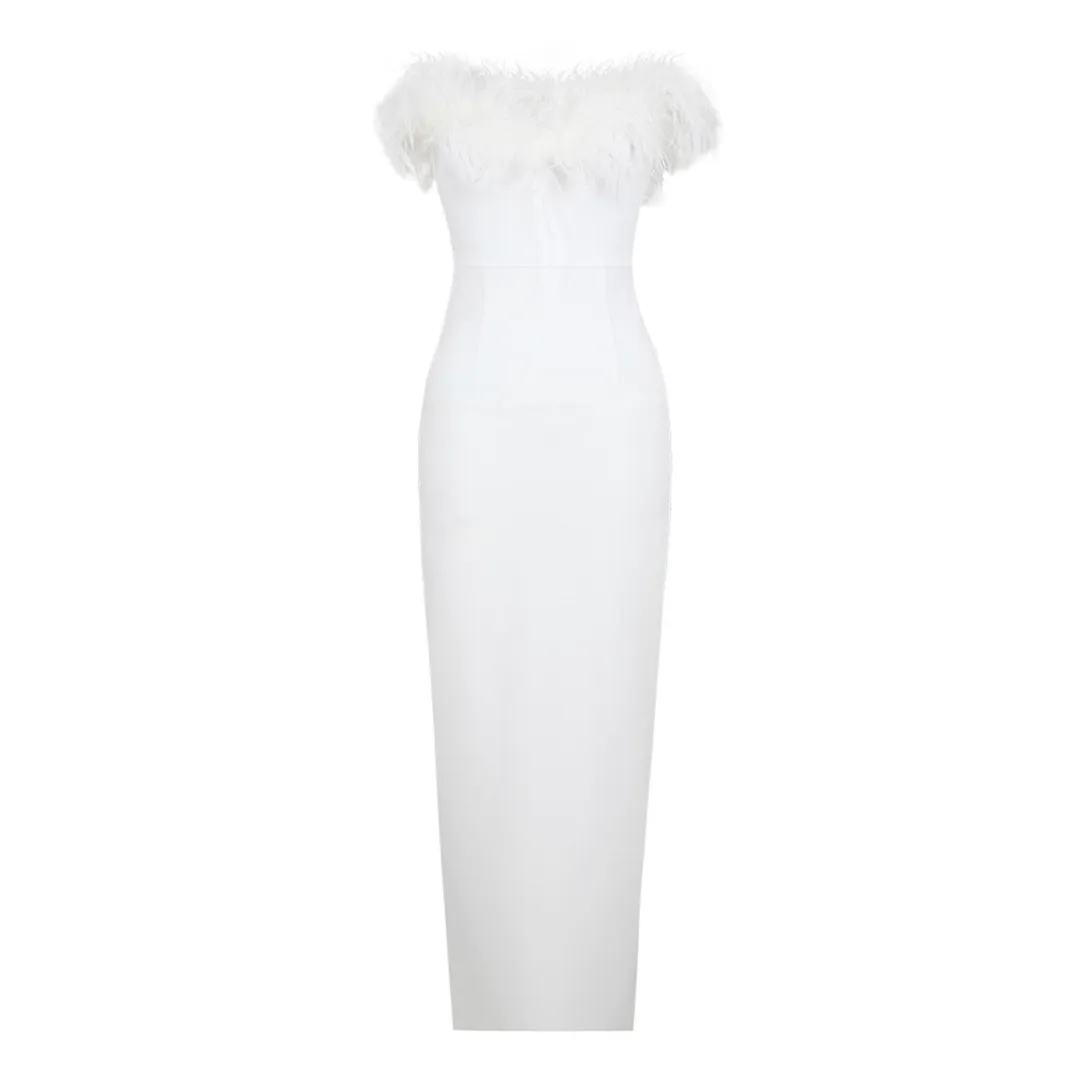 Feather Neckline Sheath Strapless Gown
