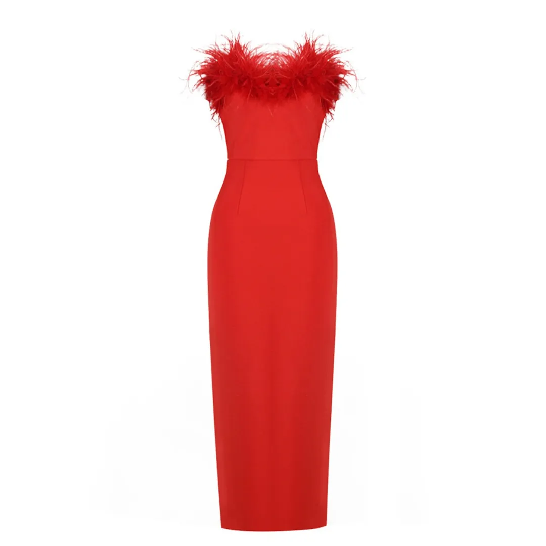 Feather Neckline Sheath Strapless Gown