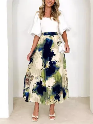 Female Chic Dreamy Oil Painting Print Pleated Skirt