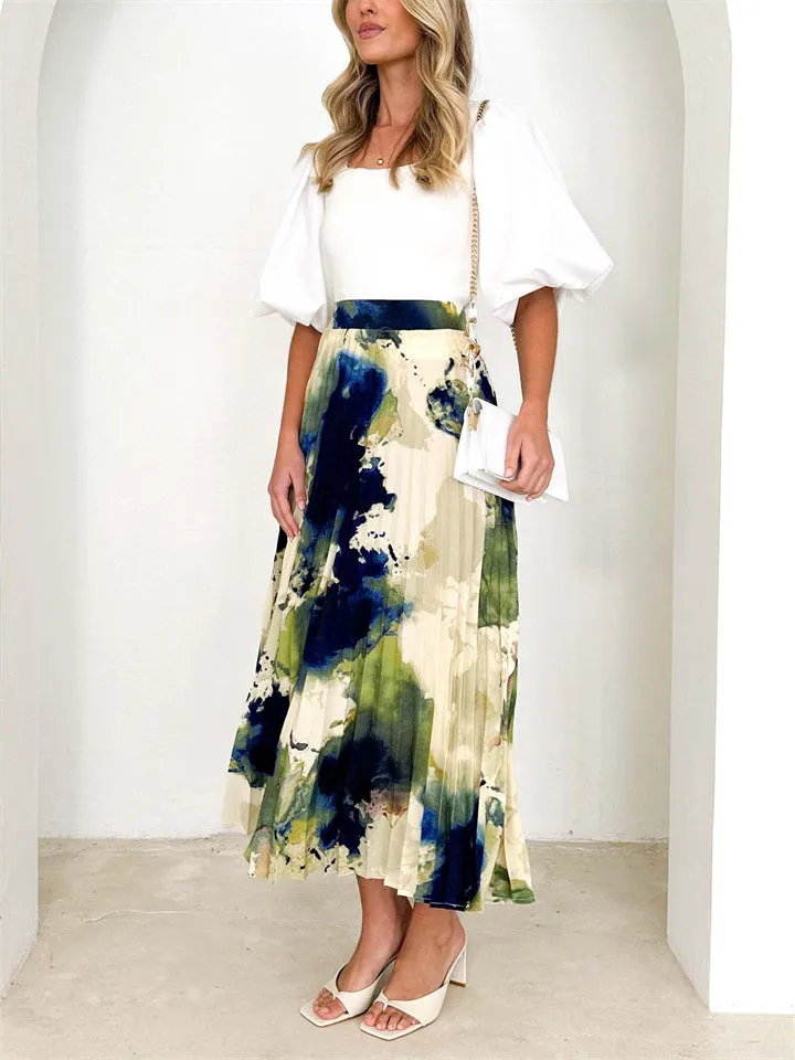 Female Chic Dreamy Oil Painting Print Pleated Skirt