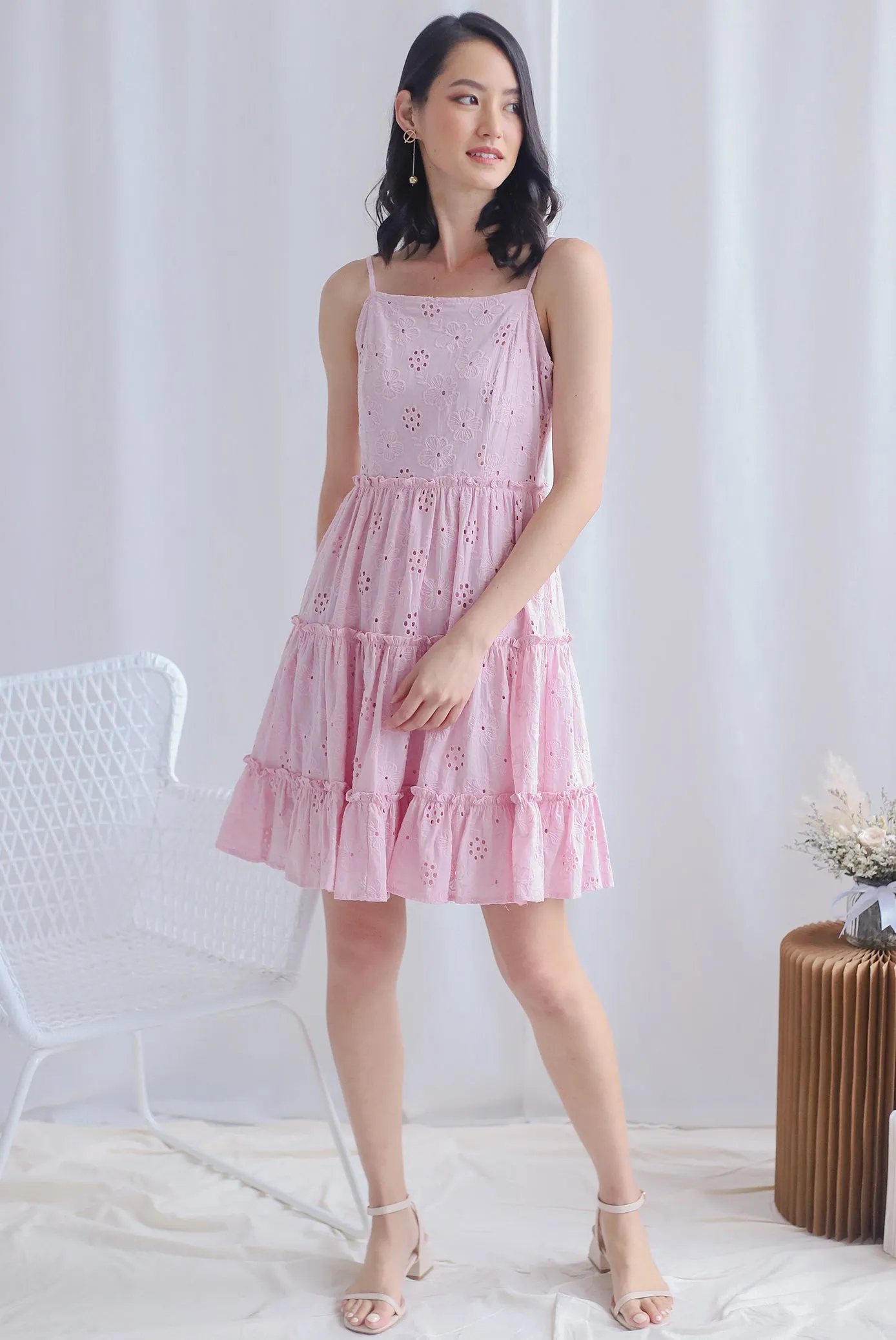 Finn Eyelet Tiered Dress In Pink