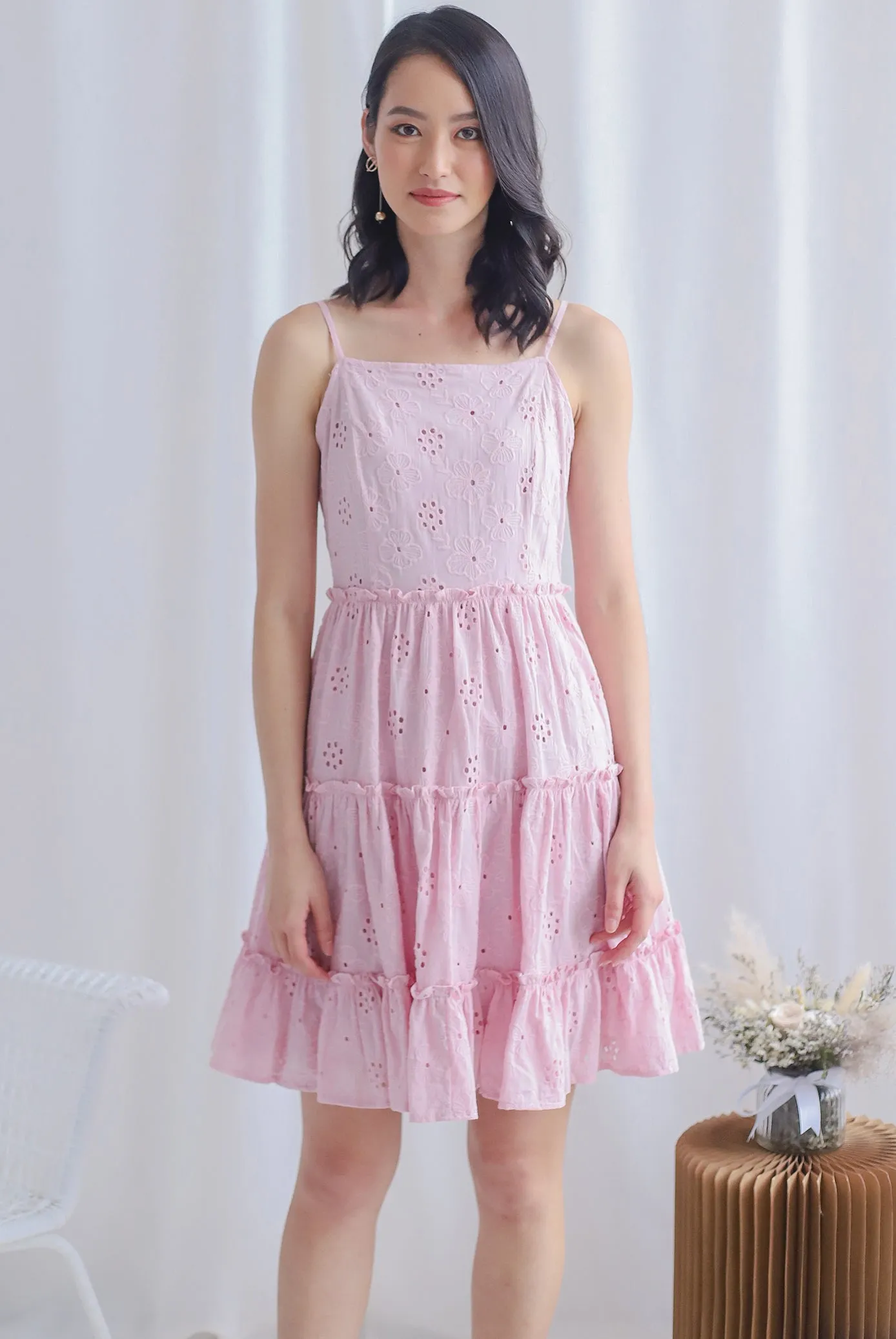 Finn Eyelet Tiered Dress In Pink