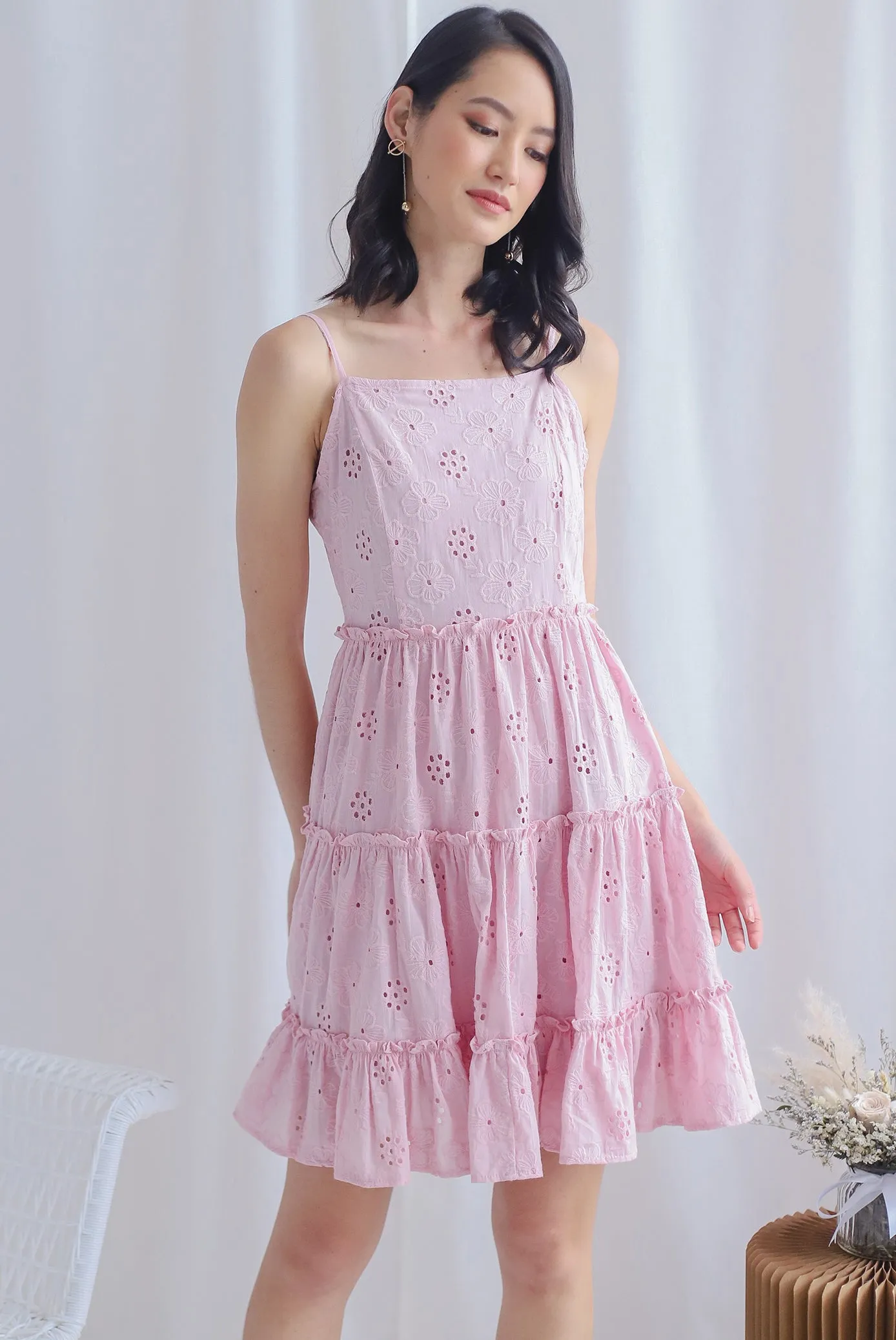 Finn Eyelet Tiered Dress In Pink