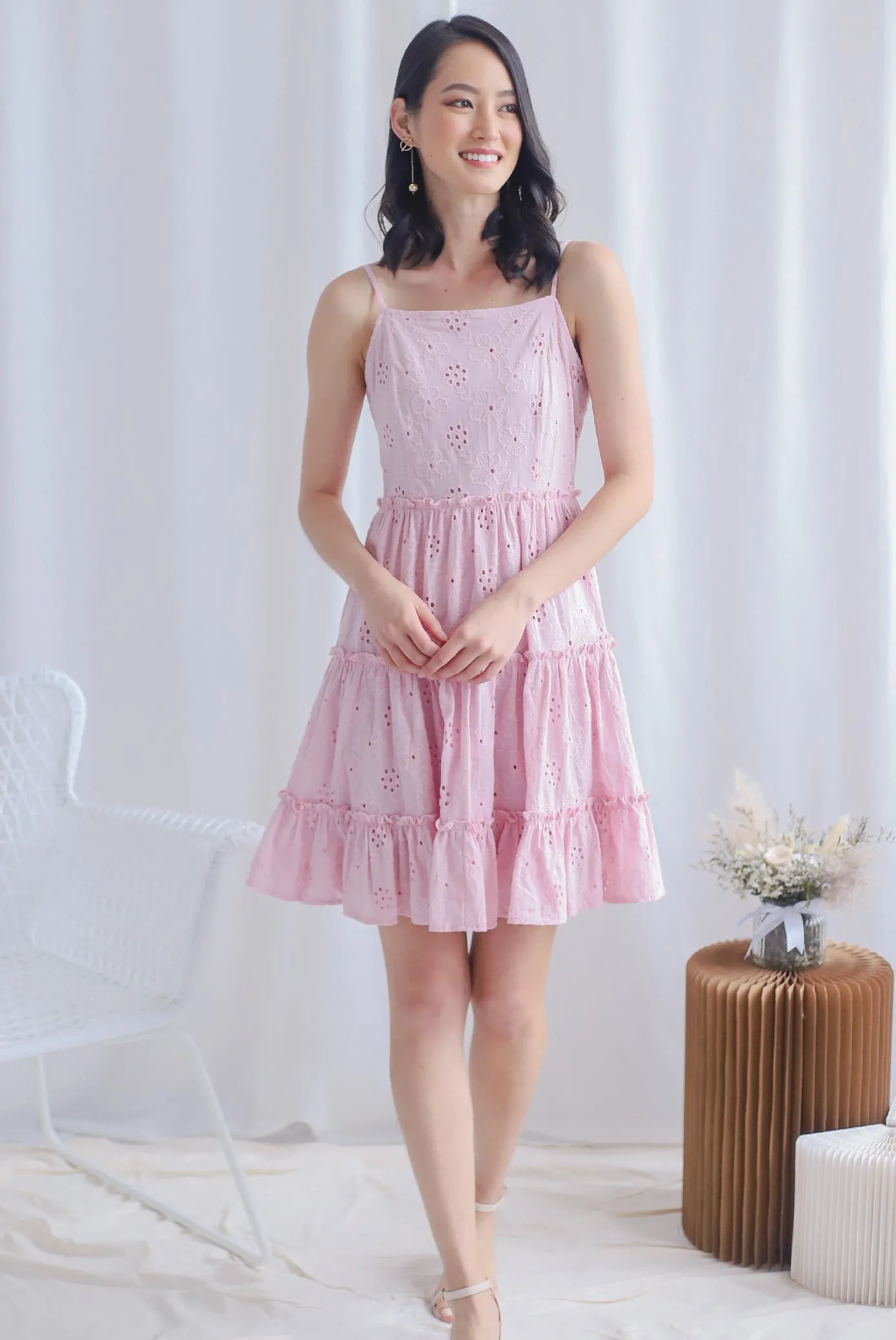 Finn Eyelet Tiered Dress In Pink