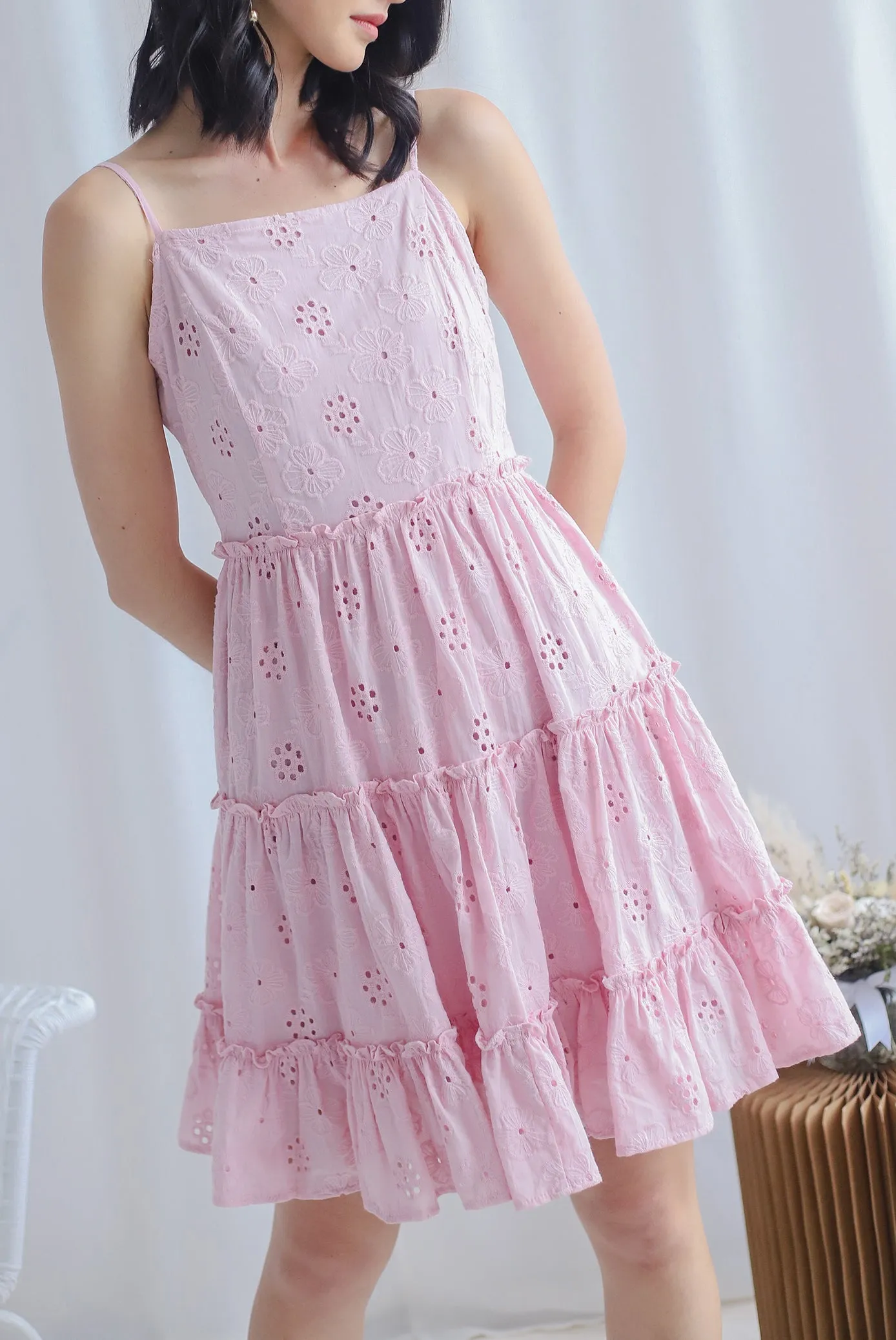 Finn Eyelet Tiered Dress In Pink