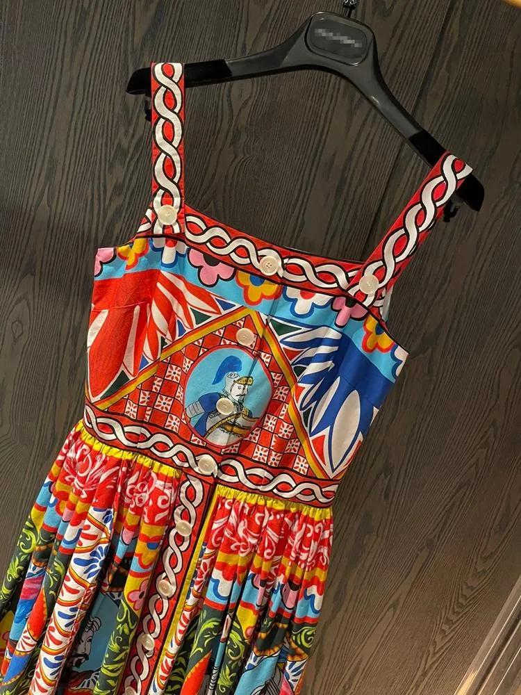 Floral Print High Waist A Line Dress Strap Button Decor