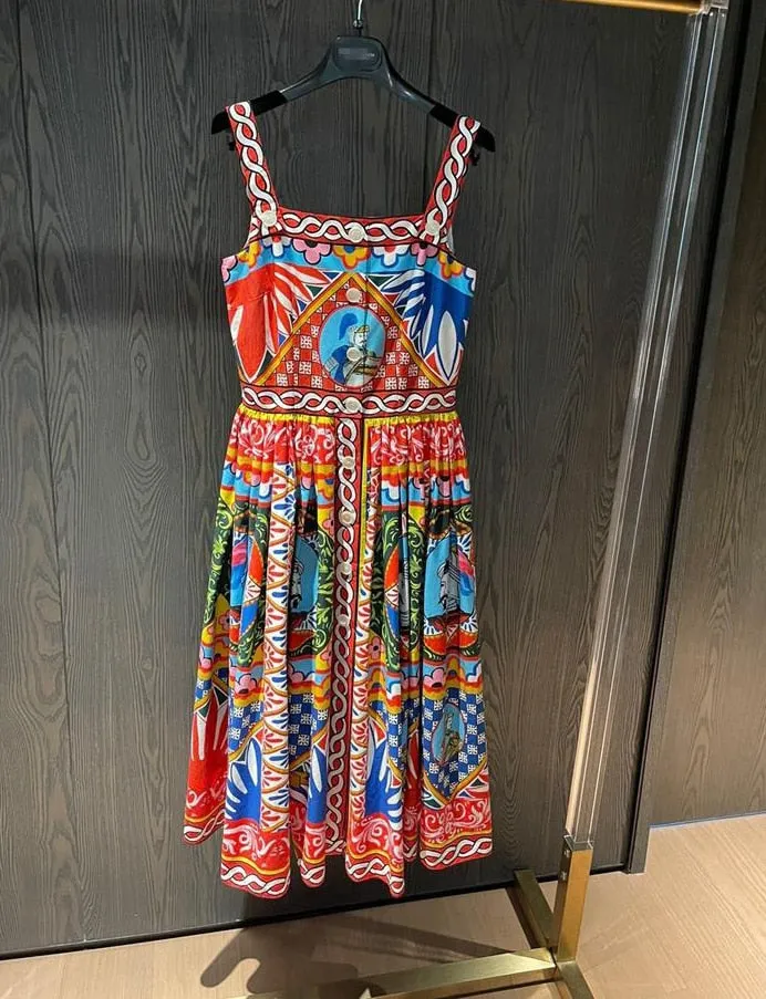 Floral Print High Waist A Line Dress Strap Button Decor