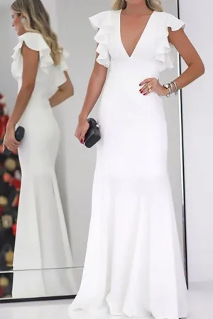 Flounced Sleeves White Bridal Dresses with V-neckline