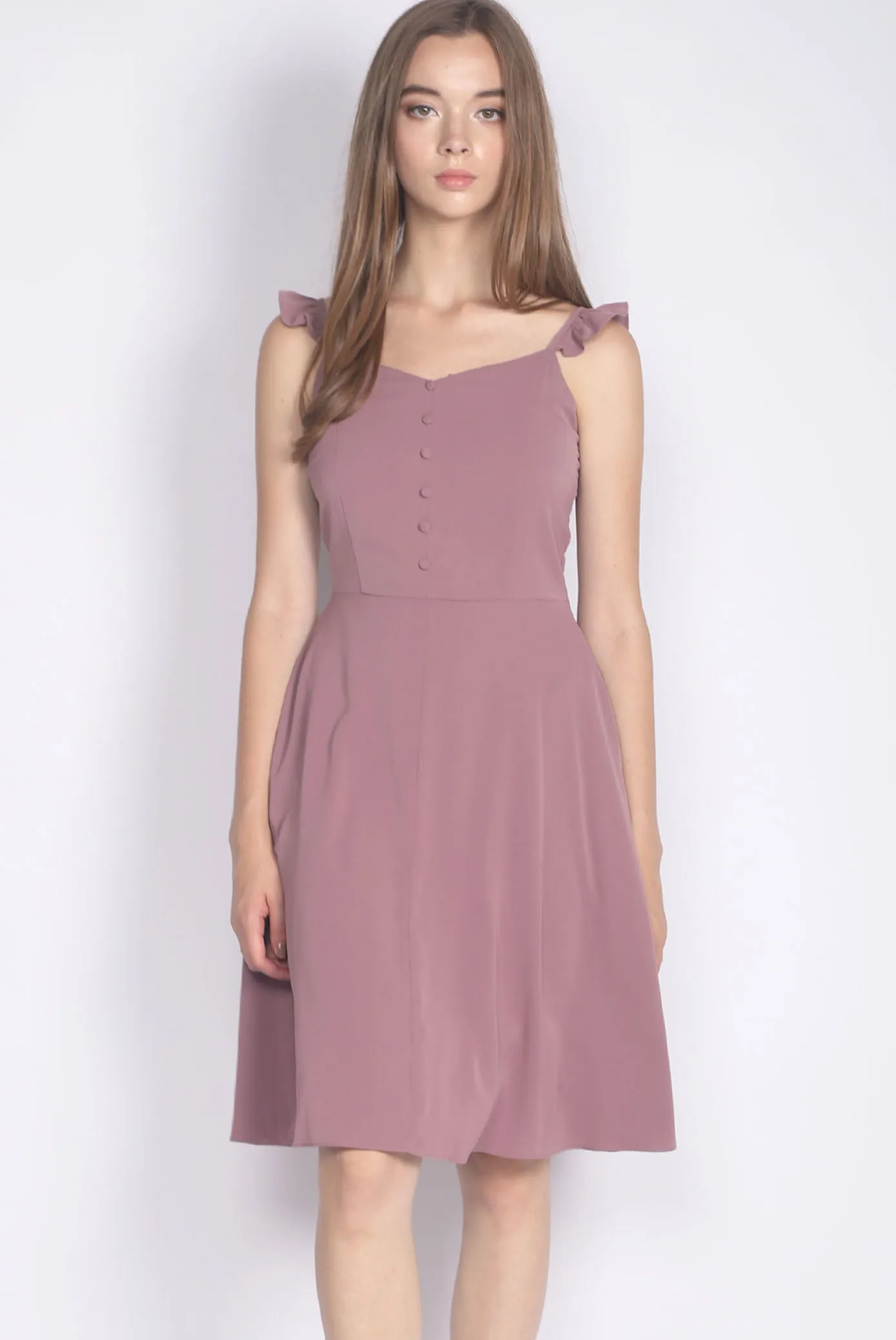Frey Ruffle Strap Buttons Down Dress In Mauve