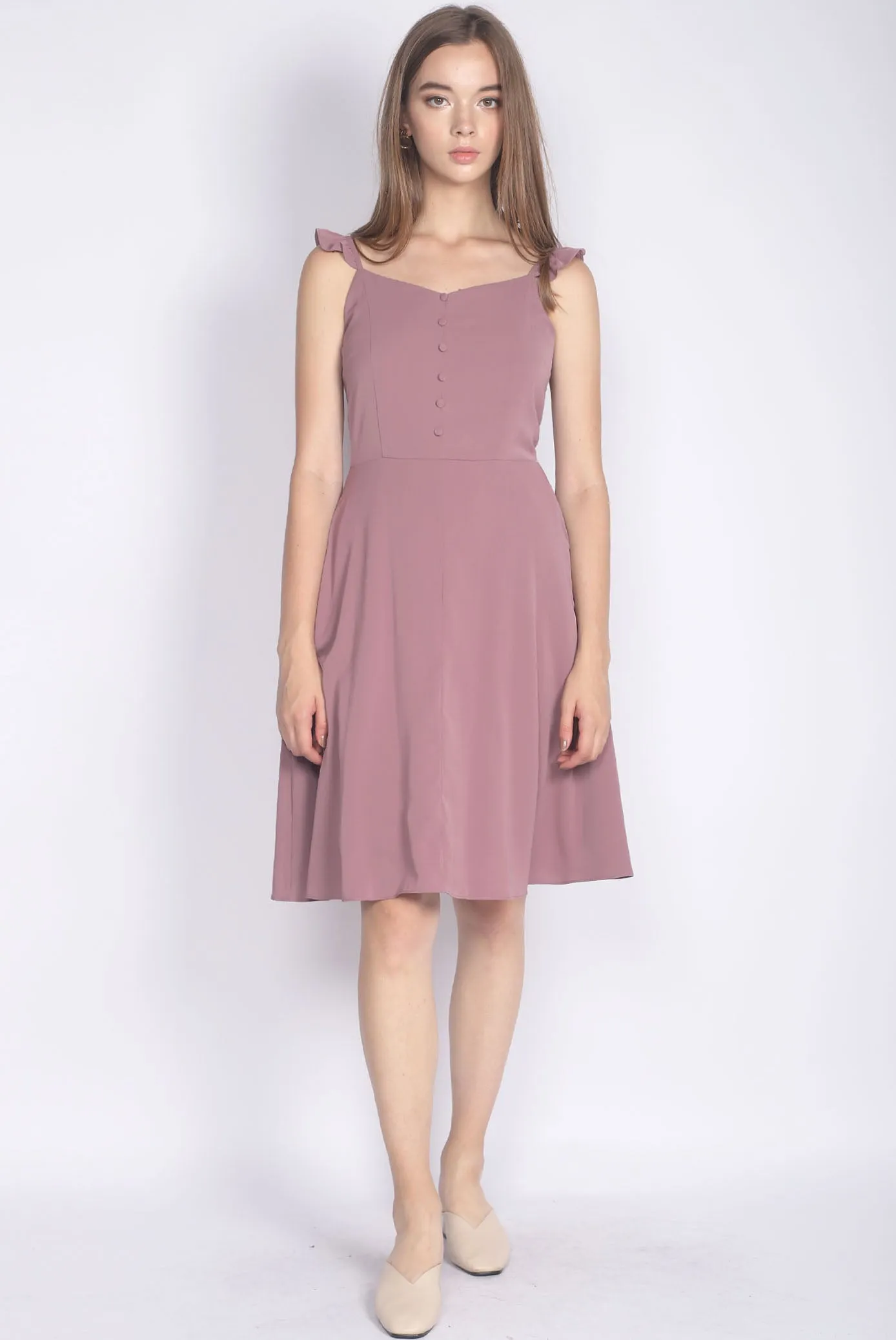Frey Ruffle Strap Buttons Down Dress In Mauve