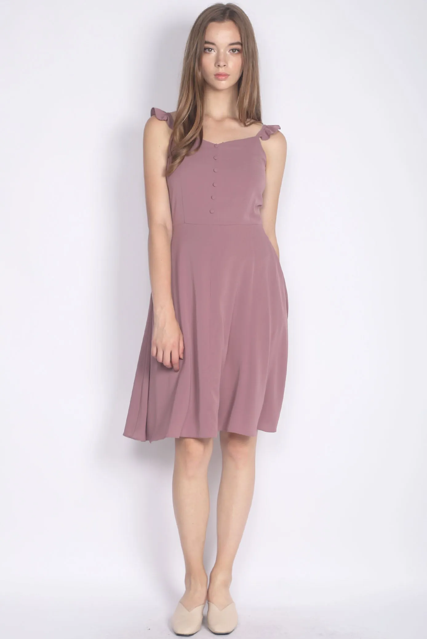 Frey Ruffle Strap Buttons Down Dress In Mauve