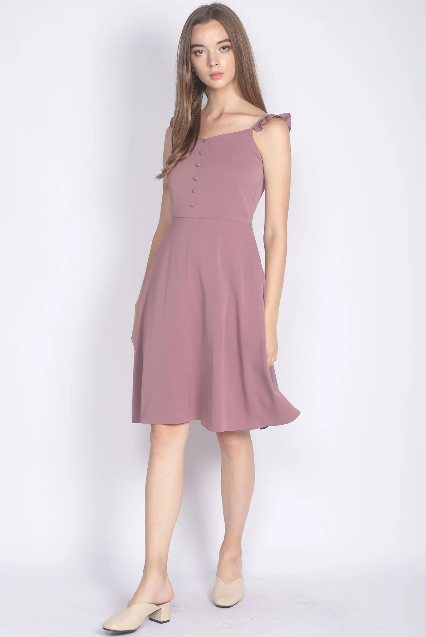 Frey Ruffle Strap Buttons Down Dress In Mauve