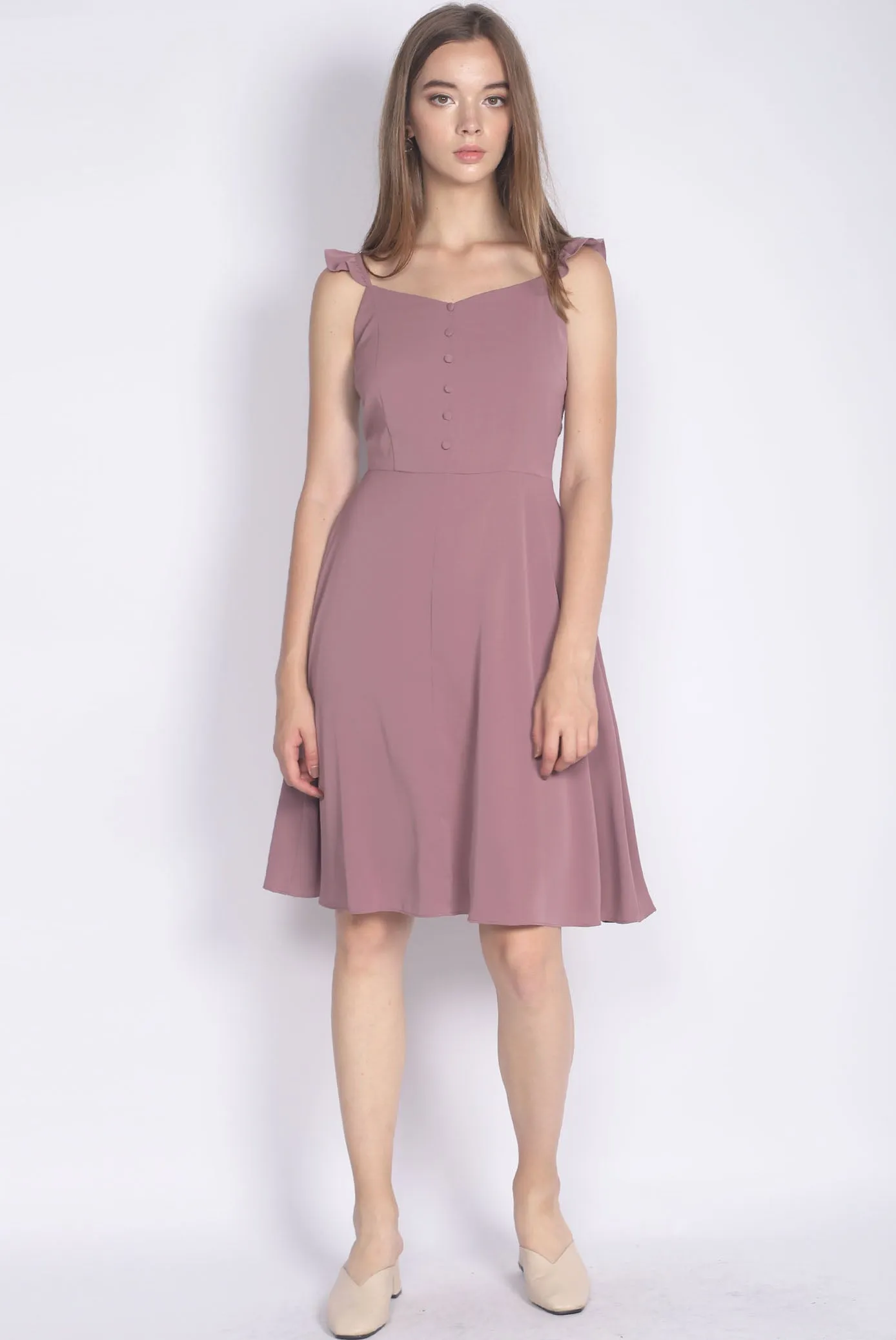Frey Ruffle Strap Buttons Down Dress In Mauve