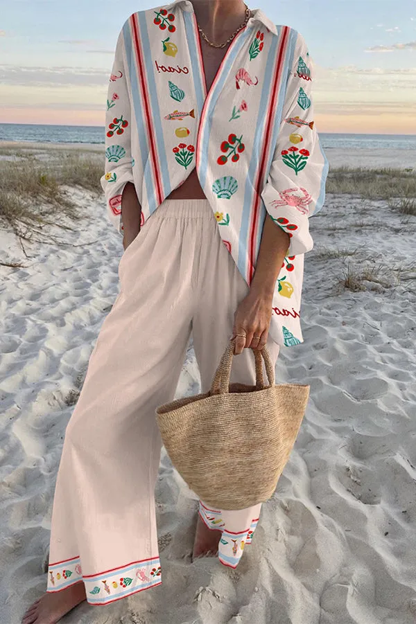 Fun Bio Print Oversized Shirt and Elastic Waist Pocket Pants Set