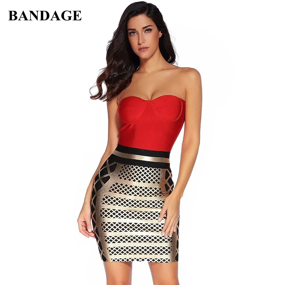 Gold and Red Patchwork Strapless Dresses