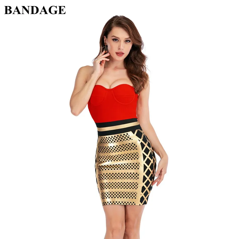 Gold and Red Patchwork Strapless Dresses