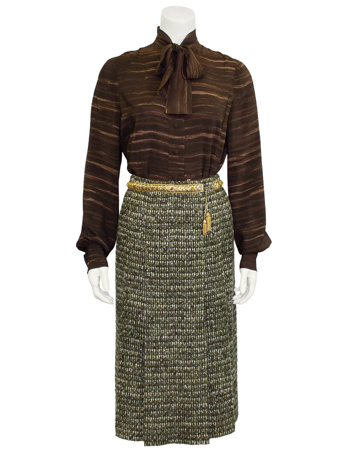 Green and Brown Tweed 6 Piece Skirt Suit from 1981