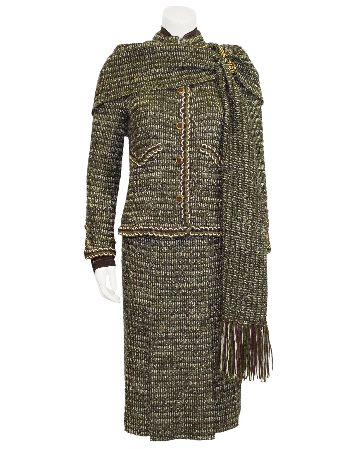 Green and Brown Tweed 6 Piece Skirt Suit from 1981