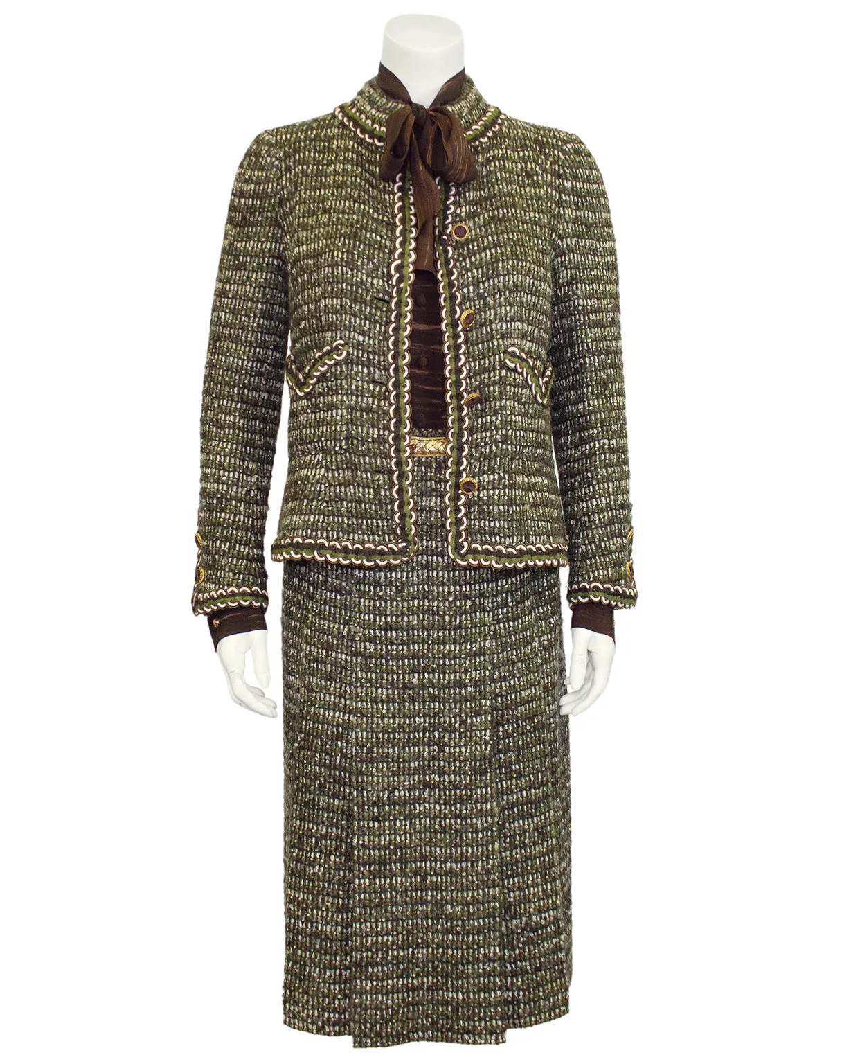 Green and Brown Tweed 6 Piece Skirt Suit from 1981