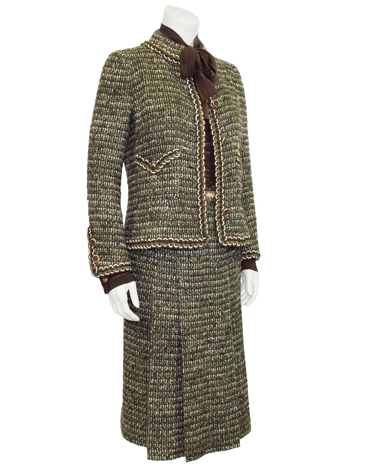 Green and Brown Tweed 6 Piece Skirt Suit from 1981