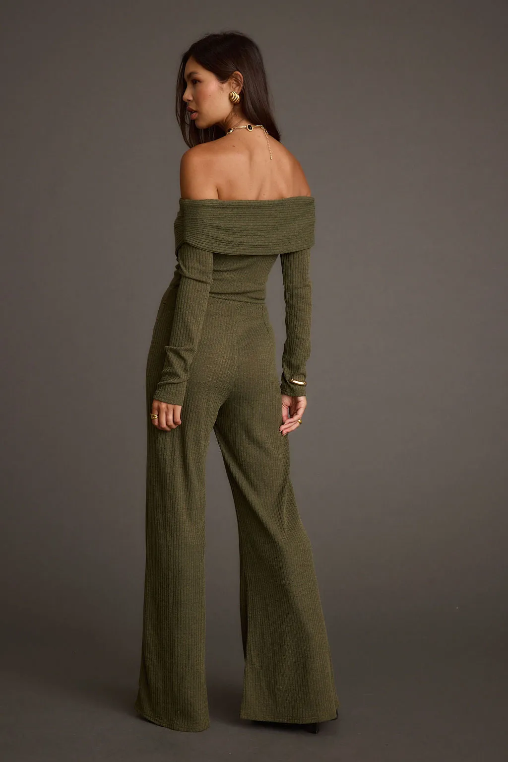Greenwich Olive Knit Off The Shoulder Jumpsuit