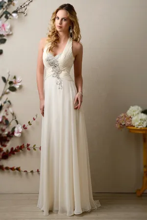 Halter Chiffon Wedding Dress With Ruched Bodice And Pearls-MK_703413