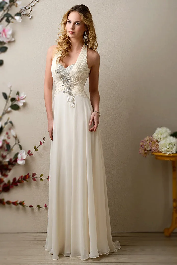 Halter Chiffon Wedding Dress With Ruched Bodice And Pearls-MK_703413