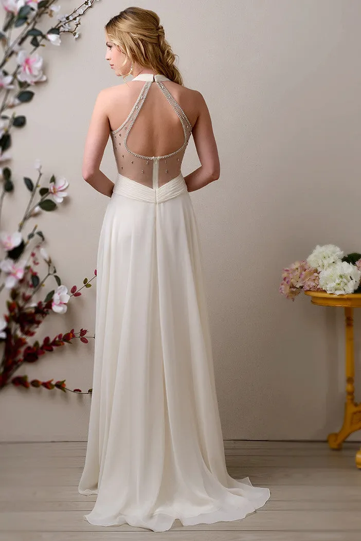 Halter Chiffon Wedding Dress With Ruched Bodice And Pearls-MK_703413