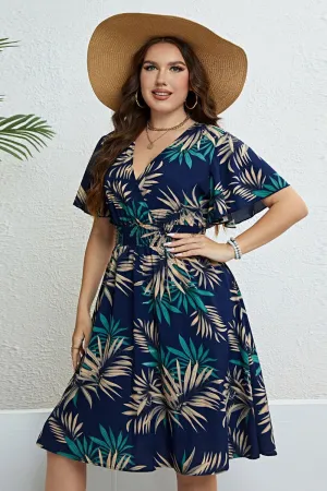 Hazel Blues® |  Botanical Print Flutter Sleeve Smocked Waist Dress
