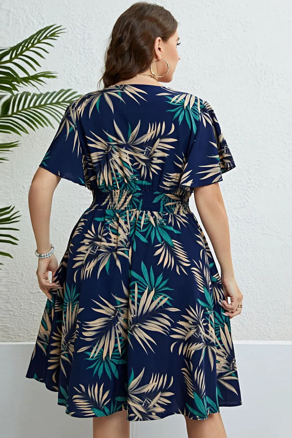Hazel Blues® |  Botanical Print Flutter Sleeve Smocked Waist Dress
