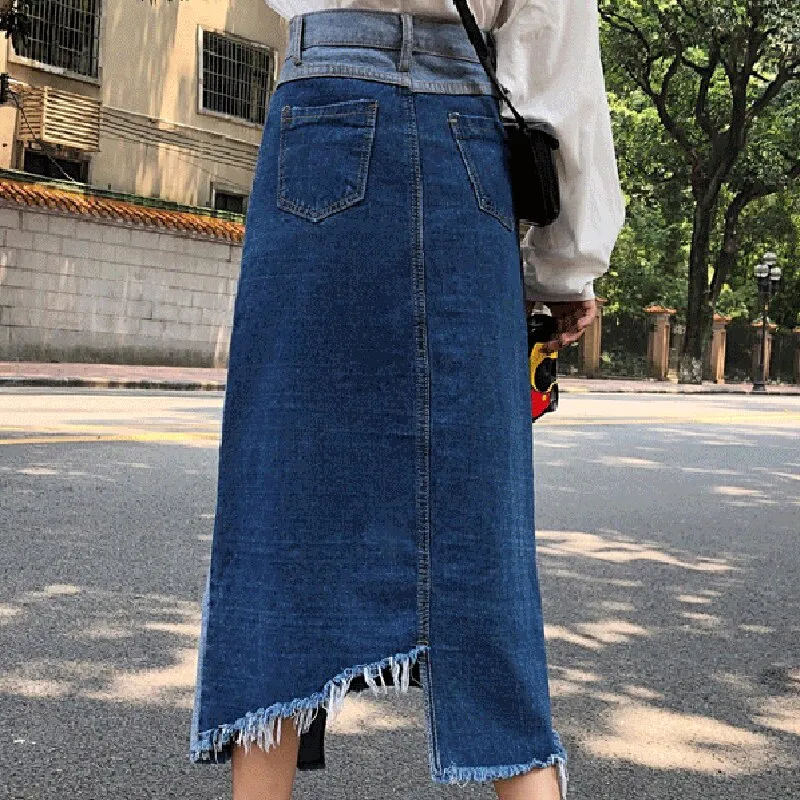 High Waist Contrast Denim Skirt Women Spring 2022