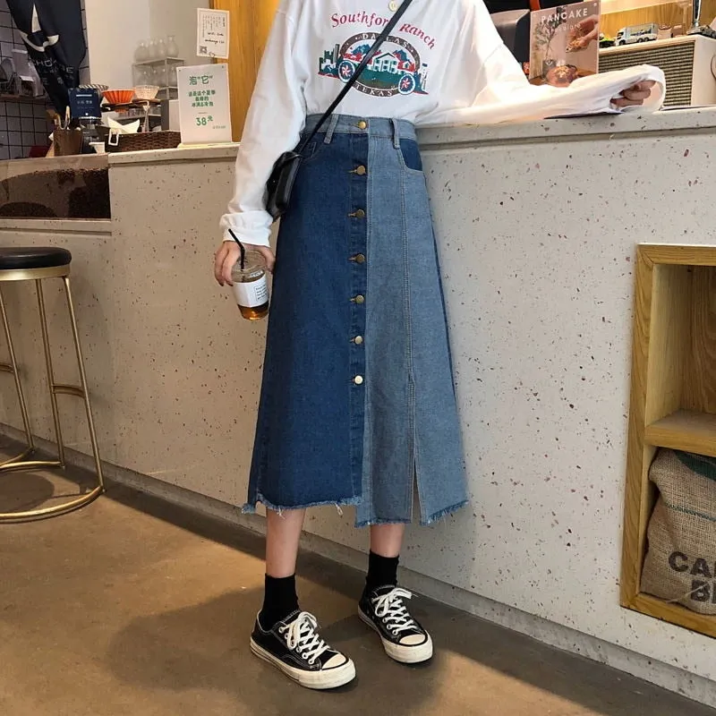 High Waist Contrast Denim Skirt Women Spring 2022