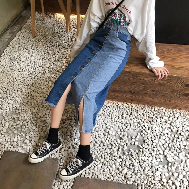 High Waist Contrast Denim Skirt Women Spring 2022