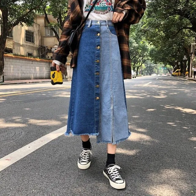 High Waist Contrast Denim Skirt Women Spring 2022