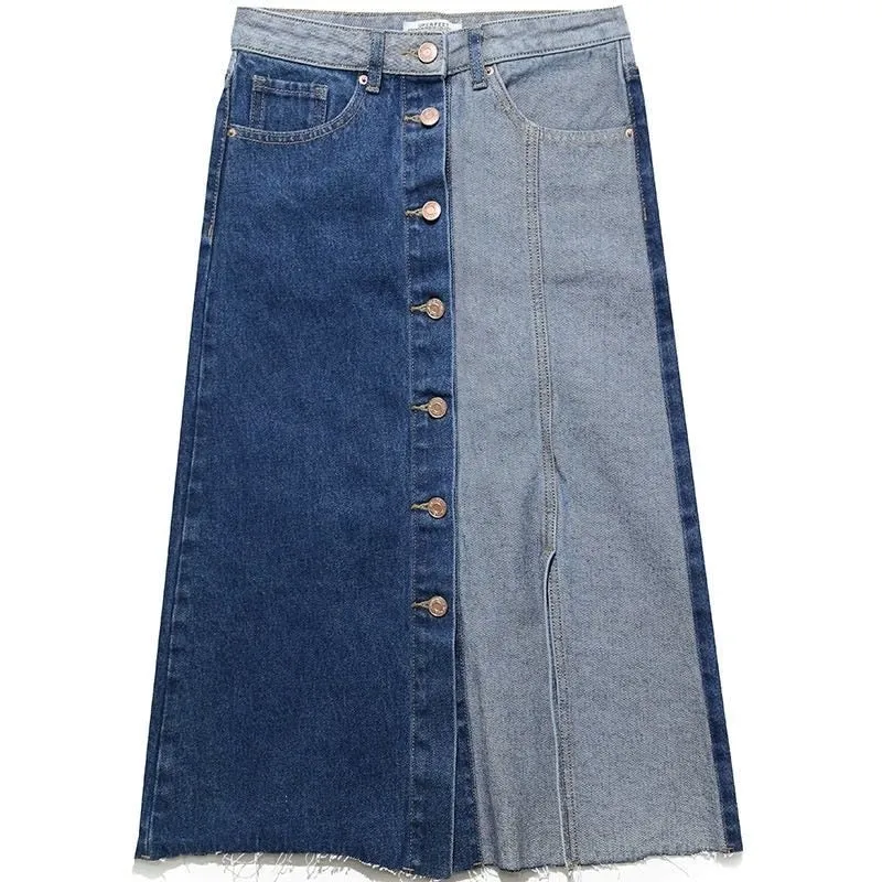 High Waist Contrast Denim Skirt Women Spring 2022