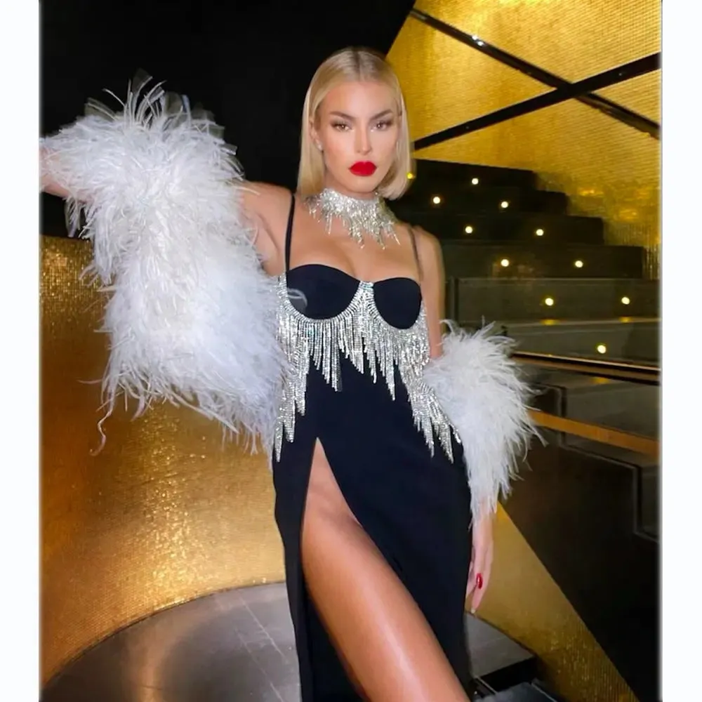 High Waist Slit Dress - Heavy Industry Metal Tassel Design