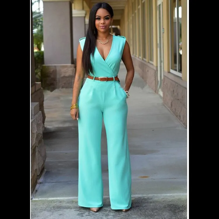 High Waist V-neck Irregular Jumpsuit with Belt