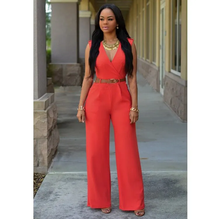 High Waist V-neck Irregular Jumpsuit with Belt