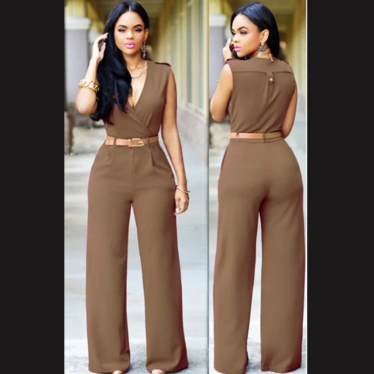 High Waist V-neck Irregular Jumpsuit with Belt