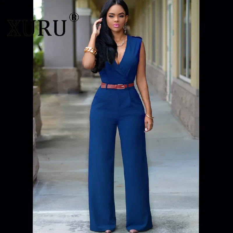 High Waist V-neck Irregular Jumpsuit with Belt