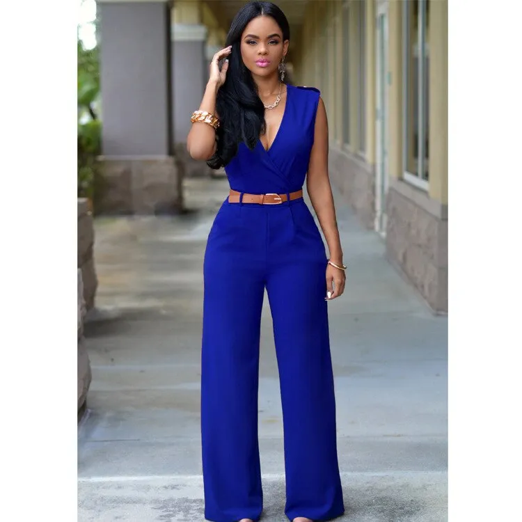 High Waist V-neck Irregular Jumpsuit with Belt