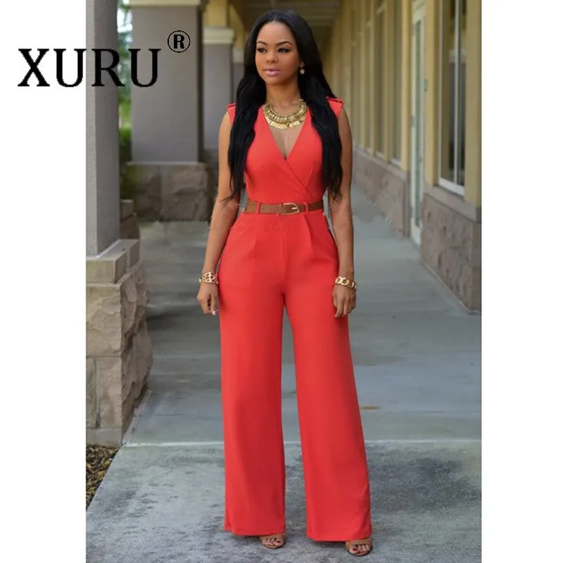 High Waist V-neck Irregular Jumpsuit with Belt