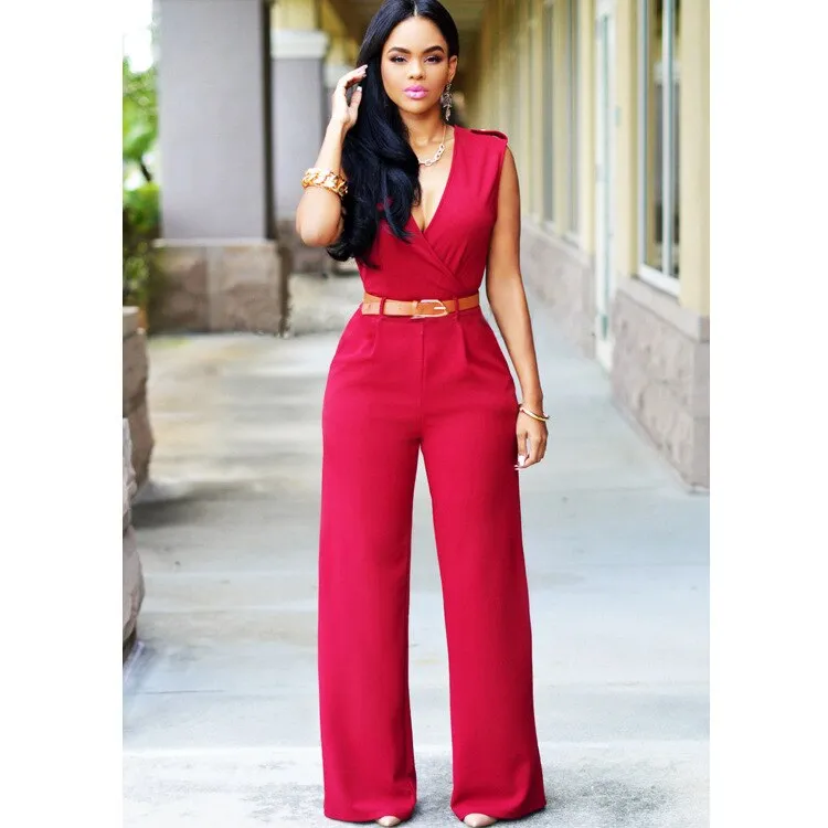High Waist V-neck Irregular Jumpsuit with Belt
