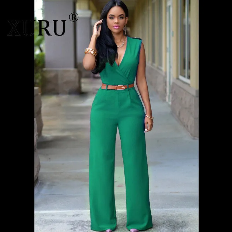 High Waist V-neck Irregular Jumpsuit with Belt