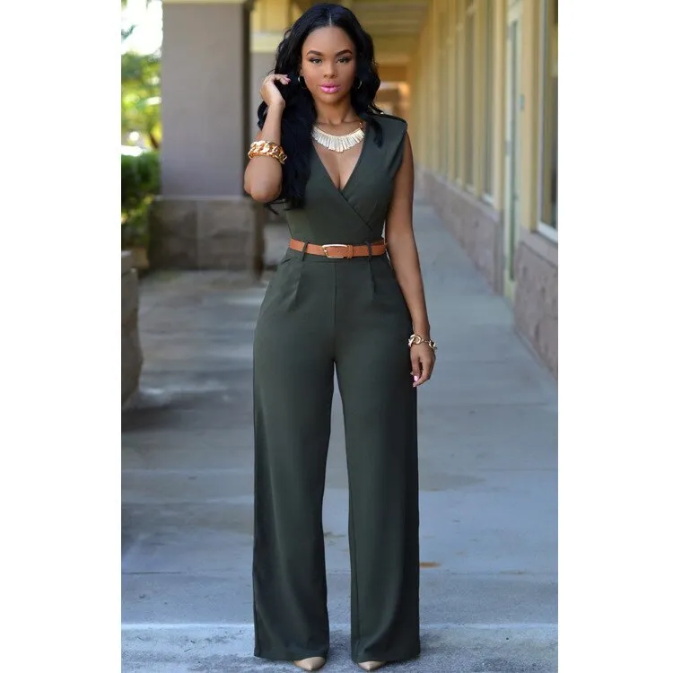 High Waist V-neck Irregular Jumpsuit with Belt
