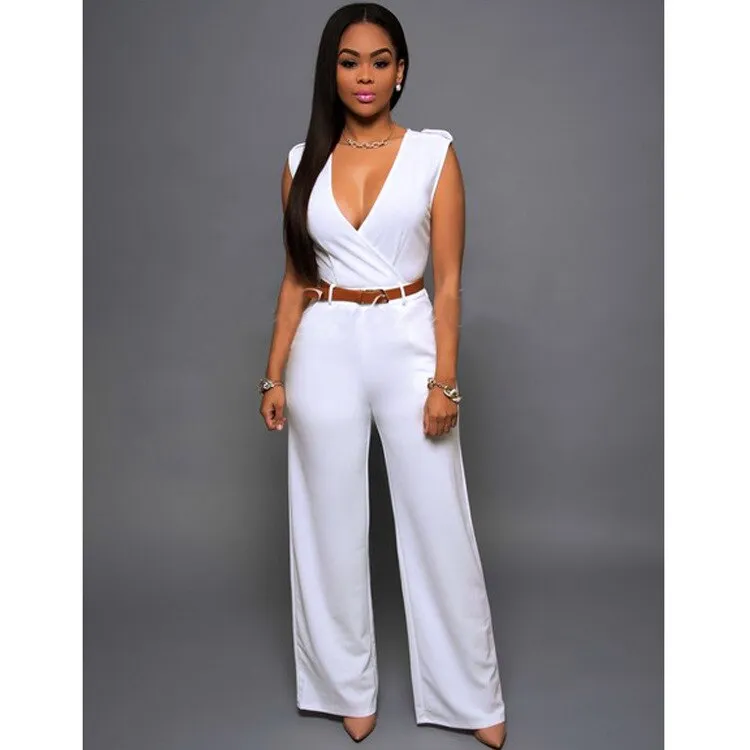 High Waist V-neck Irregular Jumpsuit with Belt