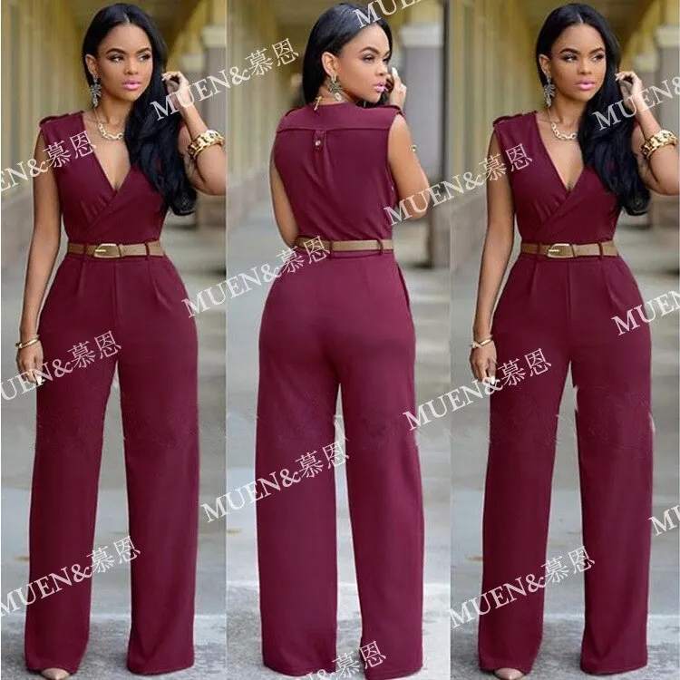 High Waist V-neck Irregular Jumpsuit with Belt