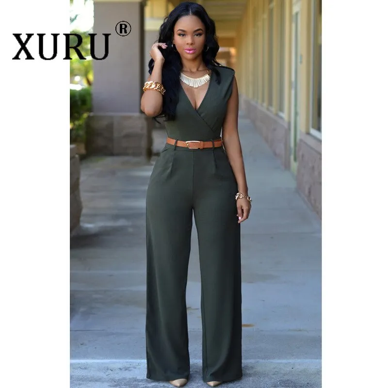 High Waist V-neck Irregular Jumpsuit with Belt