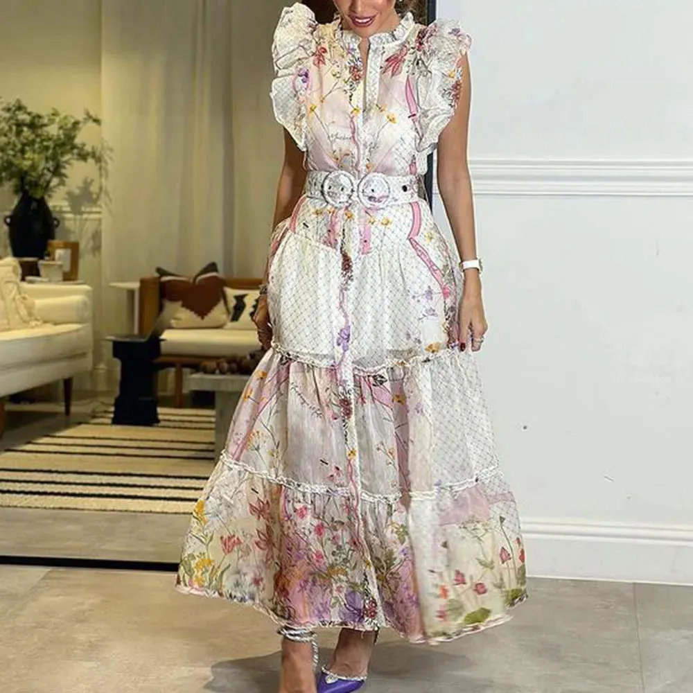 Hit Color Floral Printing Spliced Belt Dress
